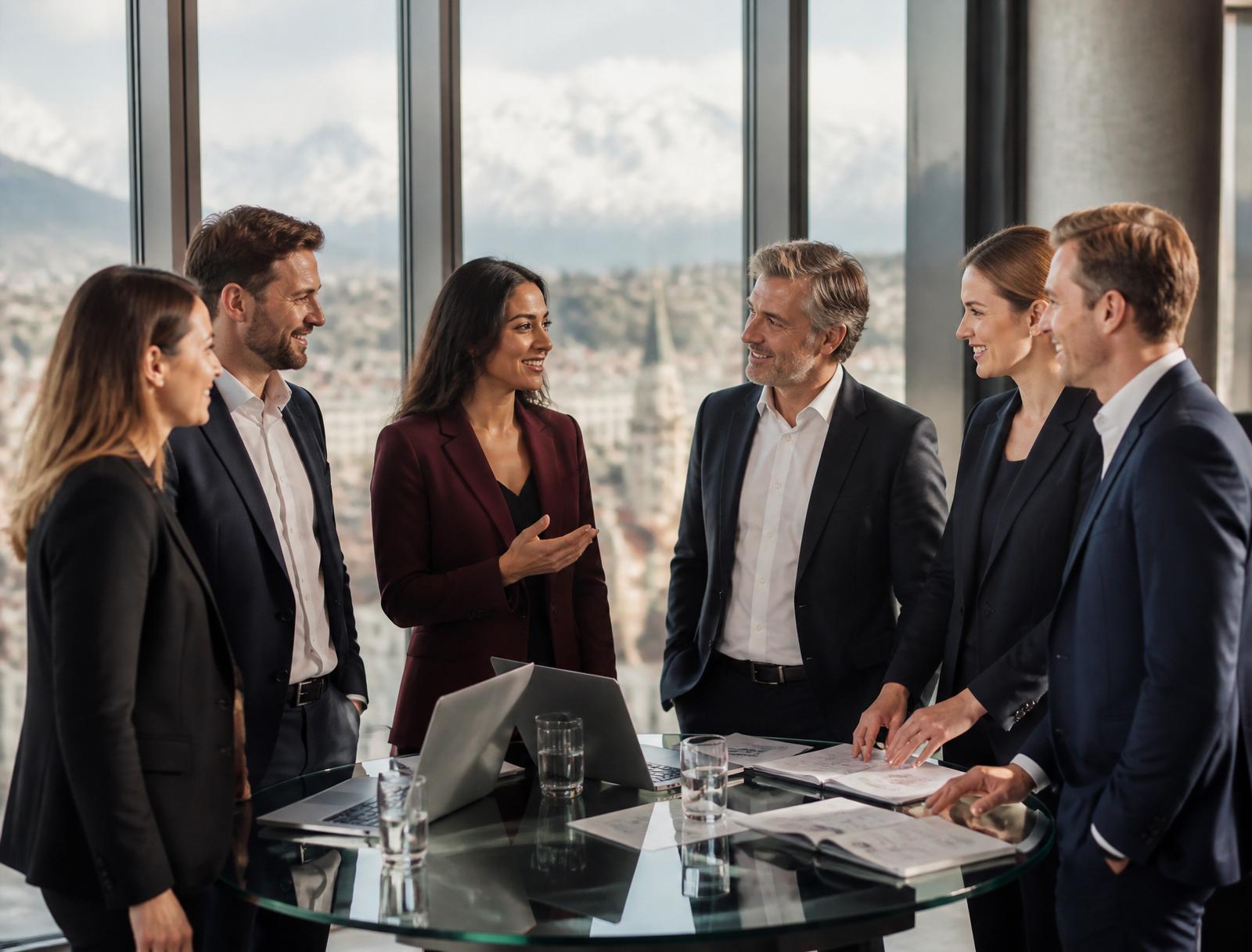 European business team collaborating in a modern Zurich office